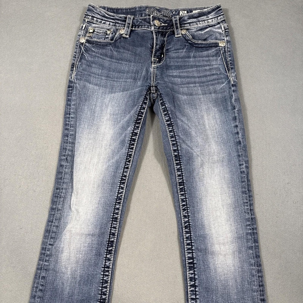 Miss Me straight jEANS wOMEN 26 rHINESTONES embellished  tHICK sTITCH wHISKERING - Picture 4 of 11